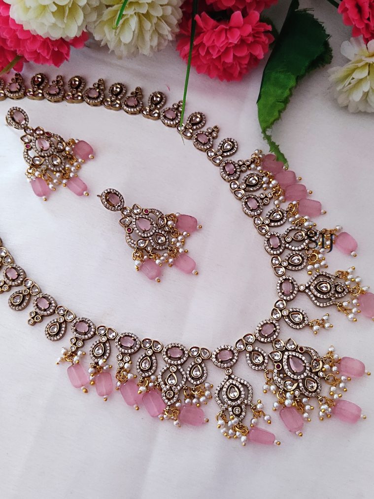 Matt Finish White Stones Pink Beaded Haram