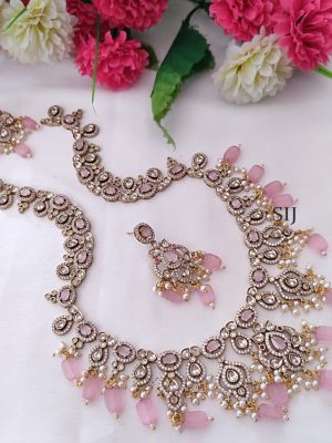 Matt Finish White Stones Pink Beaded Haram