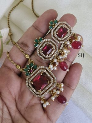 Gold Finish Chain With Maroon Pendant Set