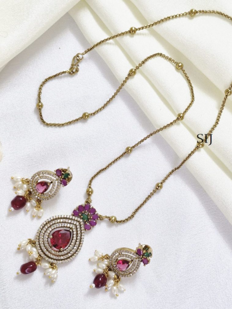 Gold Finish Chain With Maroon Pendant Set
