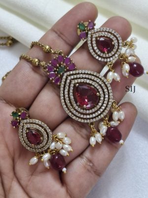 Gold Finish Chain With Maroon Pendant Set