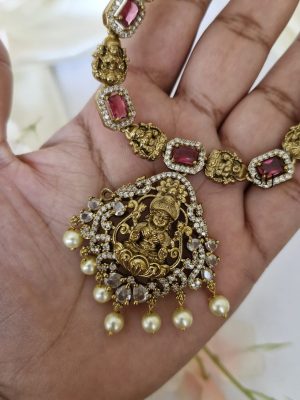 Traditional Lakshmi And White AD And Ruby Stones Haram