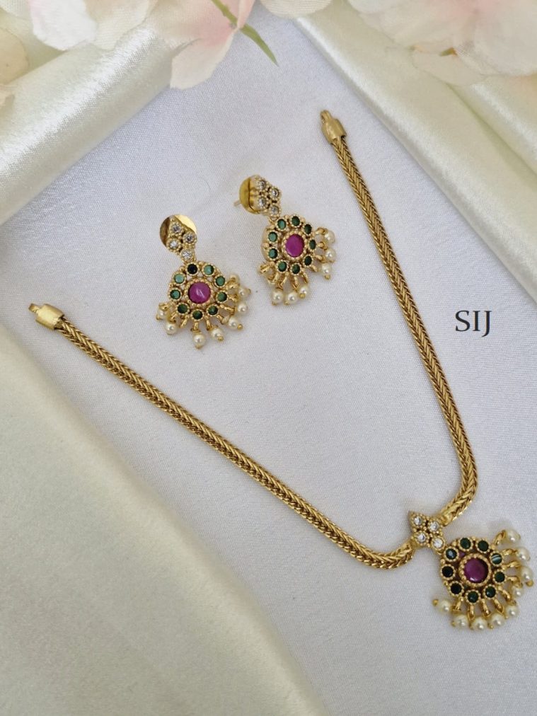 Gold Finish Emerald Ruby Pearl Pendant Necklace