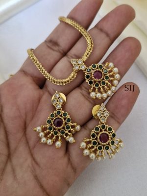 Gold Finish Emerald Ruby Pearl Pendant Necklace