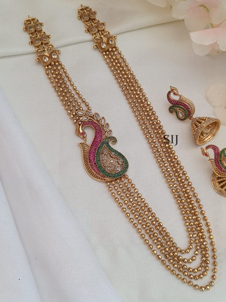 Gold Finish 5 Layer Ball Long Necklace With Peacock Mugappu