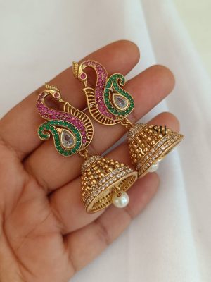 Gold Finish 5 Layer Ball Long Necklace With Peacock Mugappu