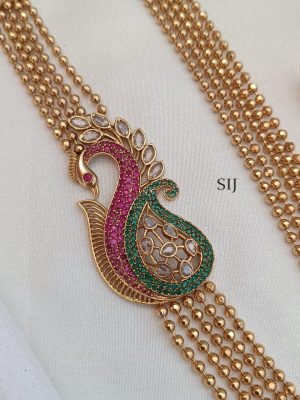 Gold Finish 5 Layer Ball Long Necklace With Peacock Mugappu