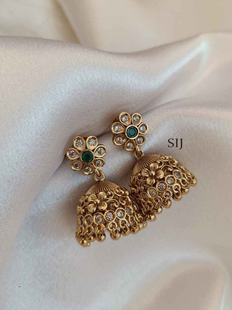 Gold Finish Emerald Floral Jhumkas