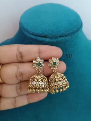 Gold Finish Emerald Floral Jhumkas