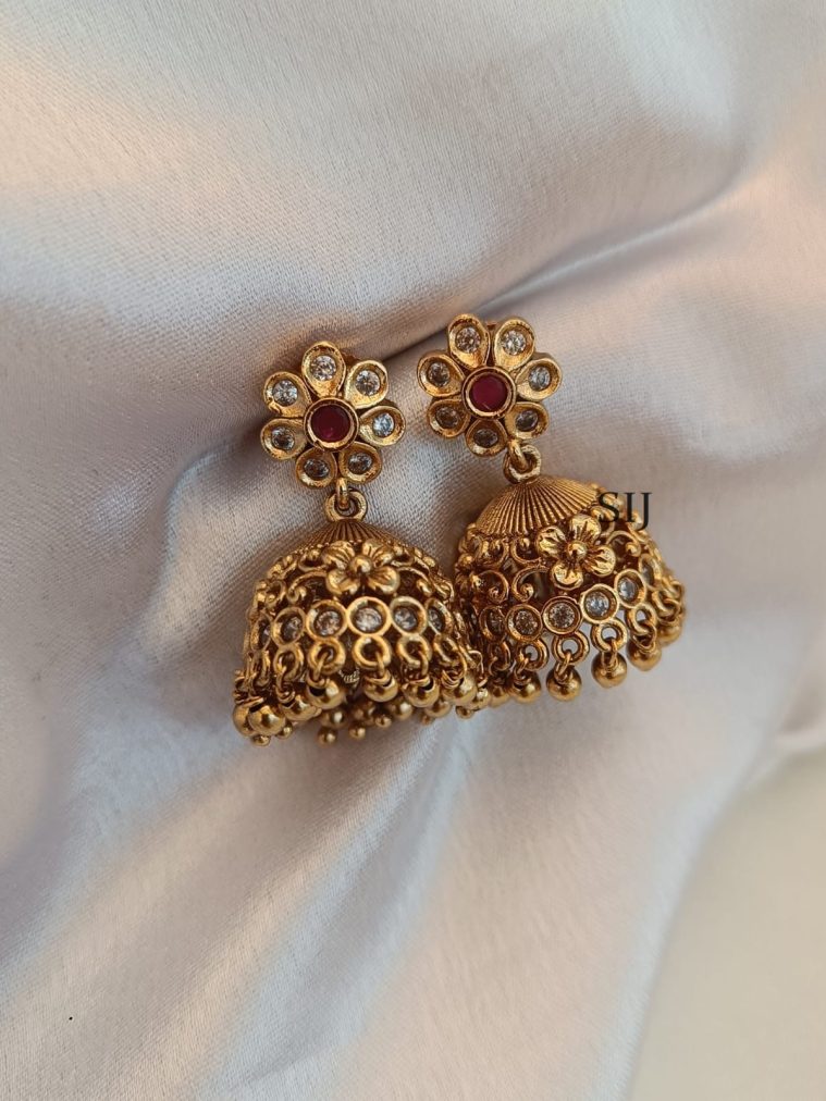 Gold Finish Ruby Floral Jhumkas