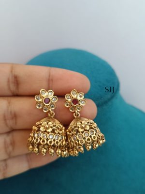 Gold Finish Ruby Floral Jhumkas