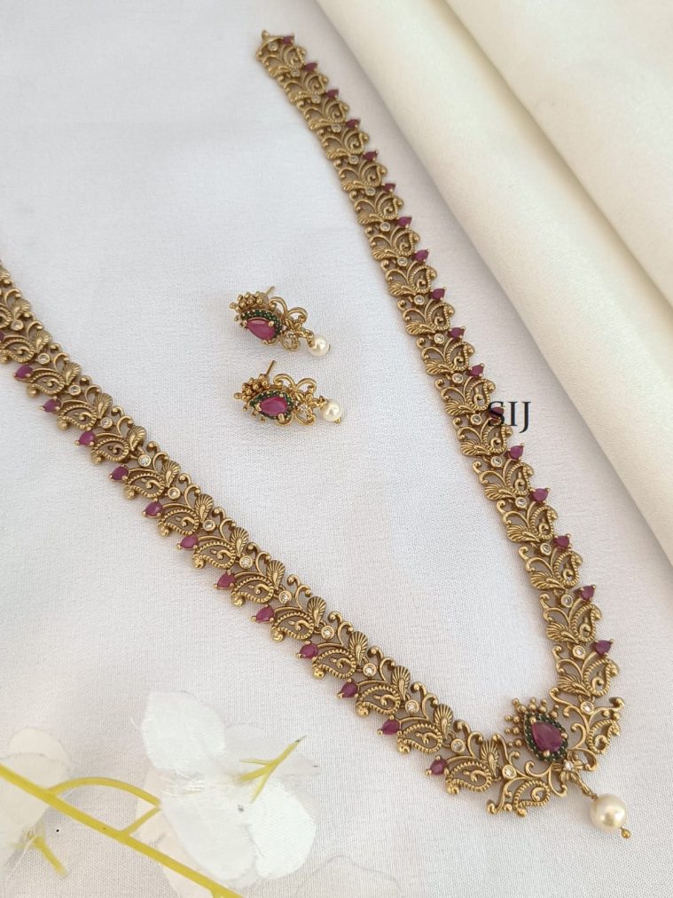 Gold Finish Ruby And Emerald Long Necklace