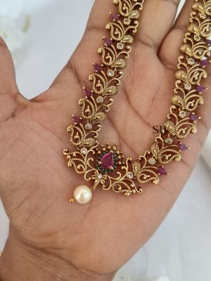 Gold Finish Ruby And Emerald Long Necklace