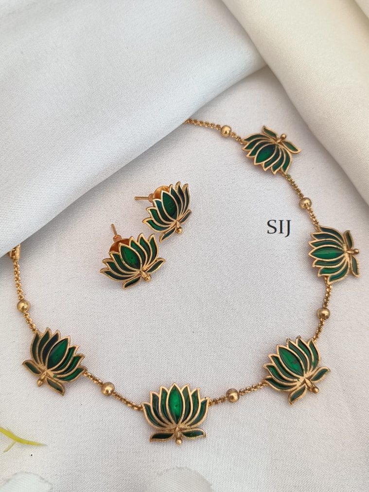 Gold Finish Emerald Lotus Necklace