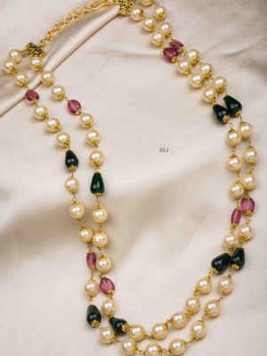 Two Layers Pearl Necklace with Red and Green Beads