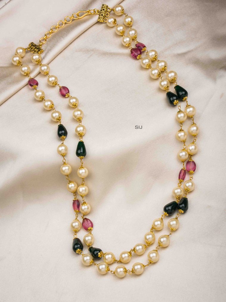 Two Layers Pearl Necklace with Red and Green Beads