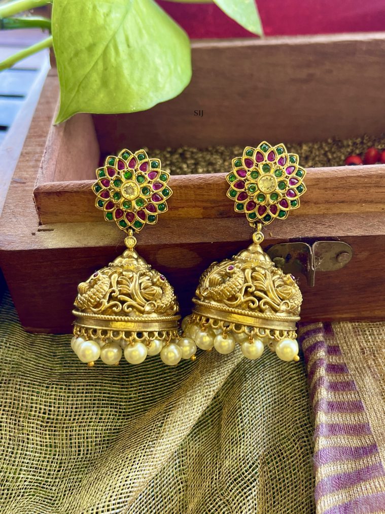 Antique Finish Floral Design Kemp Stones Pearl Dropped Jhumkas