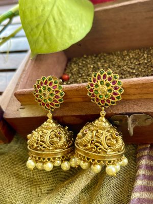 Antique Finish Floral Design Kemp Stones Pearl Dropped Jhumkas