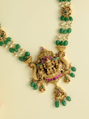 Antique Finish Lakshmi Pendant Jadau Layer Beads Mala