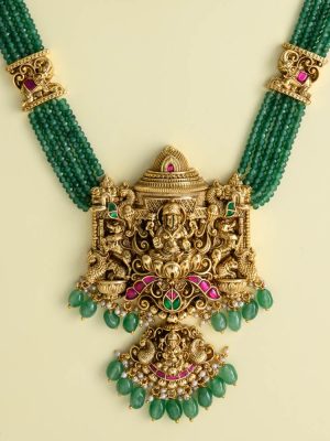 Antique Lakshmi with Mandapam Design Jadau Green Beaded Haram