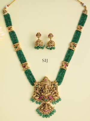 Antique Lakshmi with Mandapam Design Jadau Green Beaded Haram