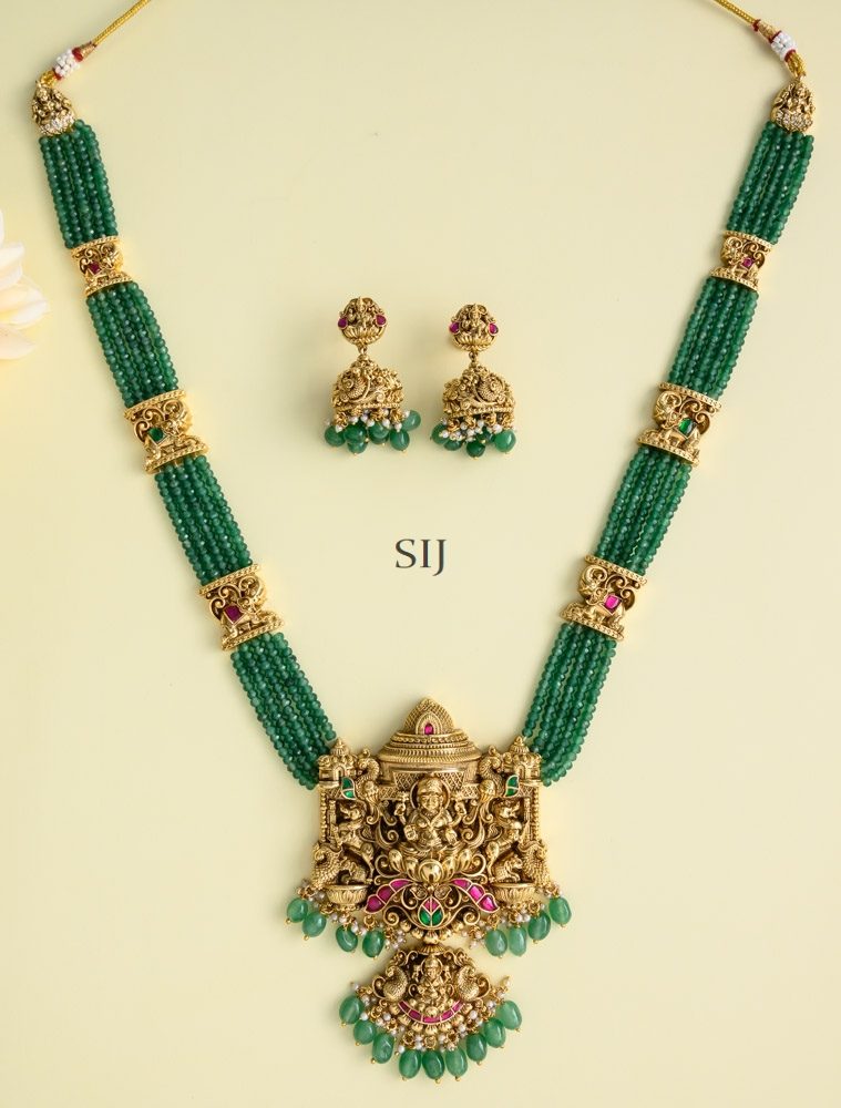 Antique Lakshmi with Mandapam Design Jadau Green Beaded Haram