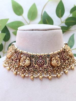 Bridal Peacock Design Choker Studded with White &Gold Pearls