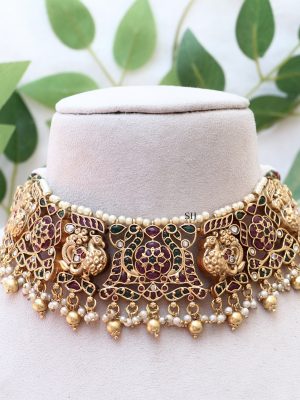 Bridal Peacock Design Choker Studded with White &Gold Pearls