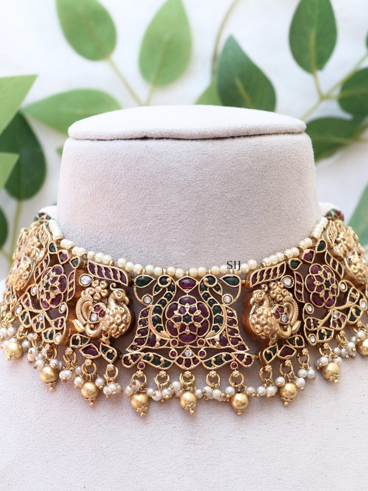 Bridal Peacock Design Choker Studded with White &Gold Pearls