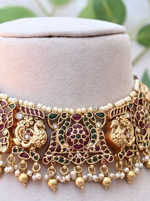Bridal Peacock Design Choker Studded with White &Gold Pearls
