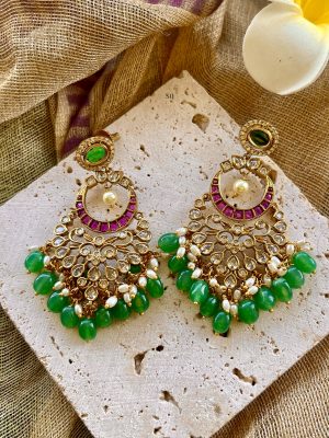 Chandbali Design Jadau Stones &Agade Beads Dropped Earrings