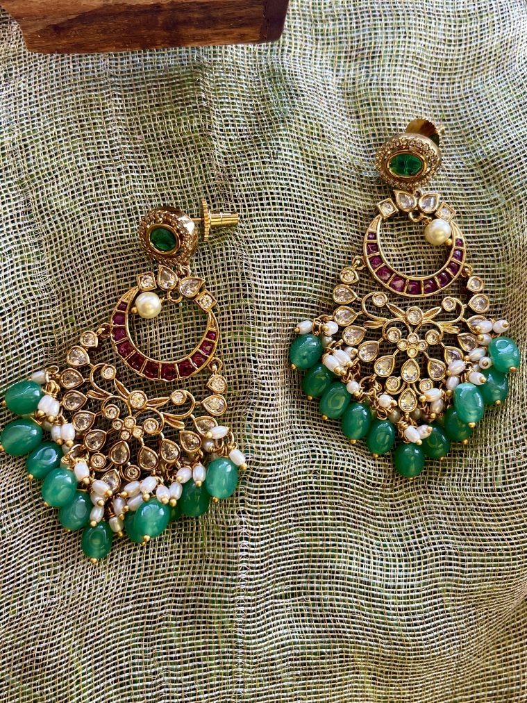 Chandbali Design Jadau Stones &Agade Beads Dropped Earrings