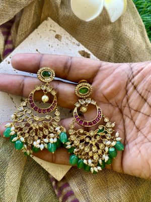 Chandbali Design Jadau Stones &Agade Beads Dropped Earrings