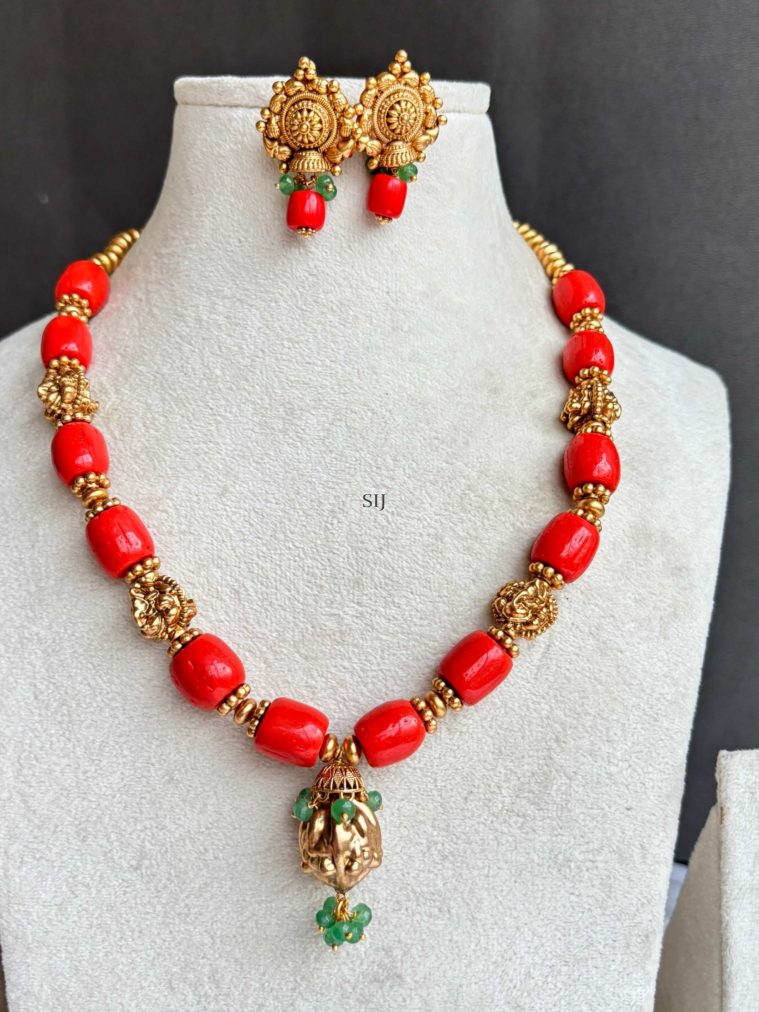 Coral and Gold Finish Beads Necklace Set