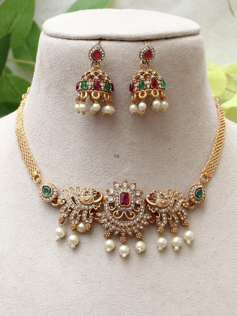 Dual Peacock AD Stone Necklace