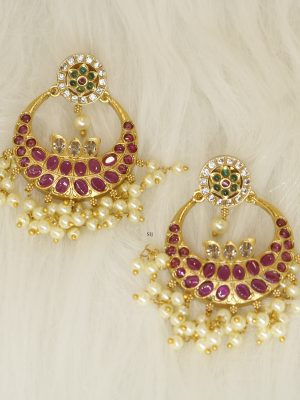 Floral Chanbali Design Kemp Stones Pearl Hanging Earrings