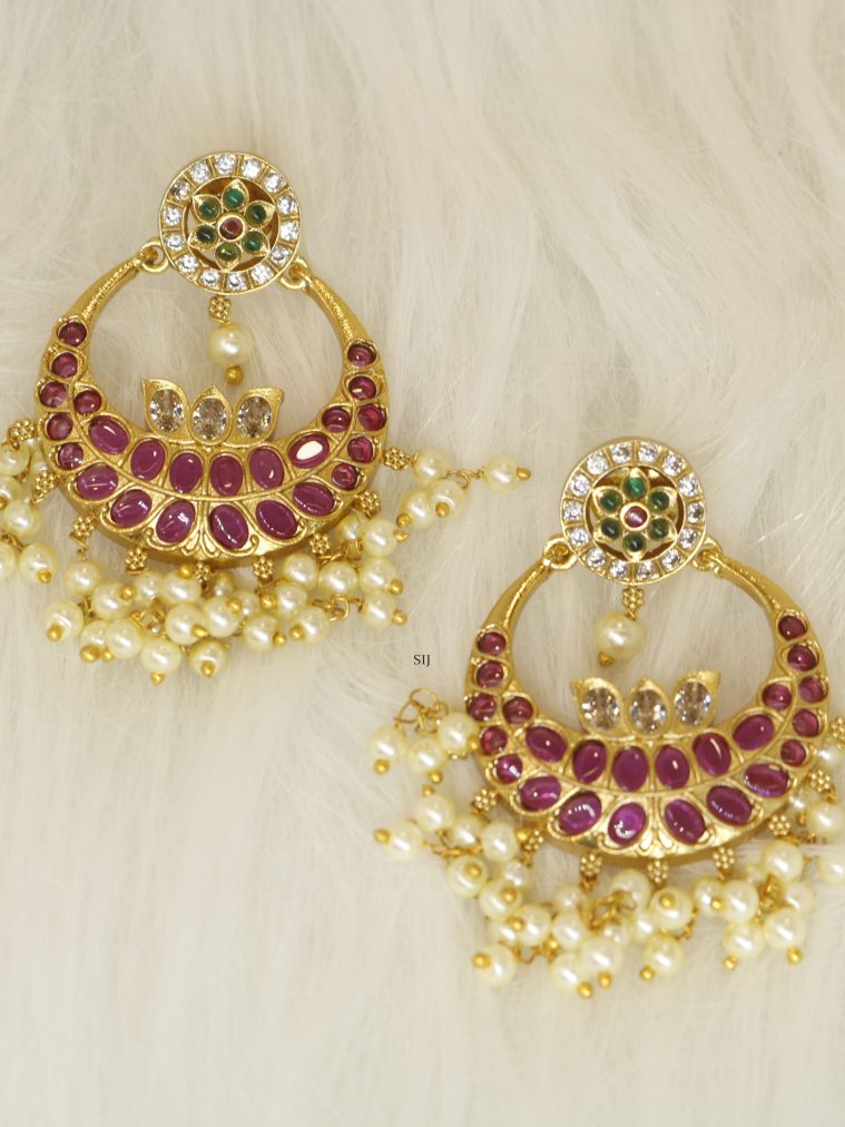 Floral Chanbali Design Kemp Stones Pearl Hanging Earrings