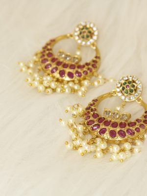 Floral Chanbali Design Kemp Stones Pearl Hanging Earrings
