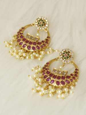 Floral Chanbali Design Kemp Stones Pearl Hanging Earrings