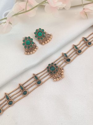 Floral Design Layered Green Stone Palakka Attigai Set