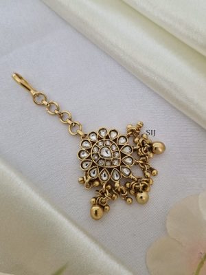 Floral Design White Stones Golden Beads Dropped Maang Tikka