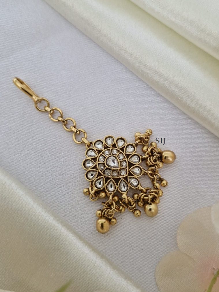 Floral Design White Stones Golden Beads Dropped Maang Tikka