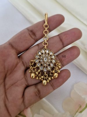 Floral Design White Stones Golden Beads Dropped Maang Tikka