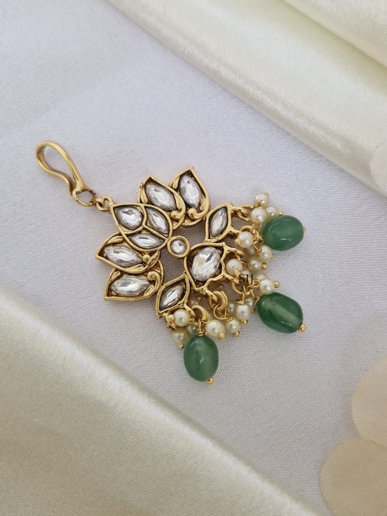 Floral Design White Stones Pearls & Beads Dropped Maang Tikka