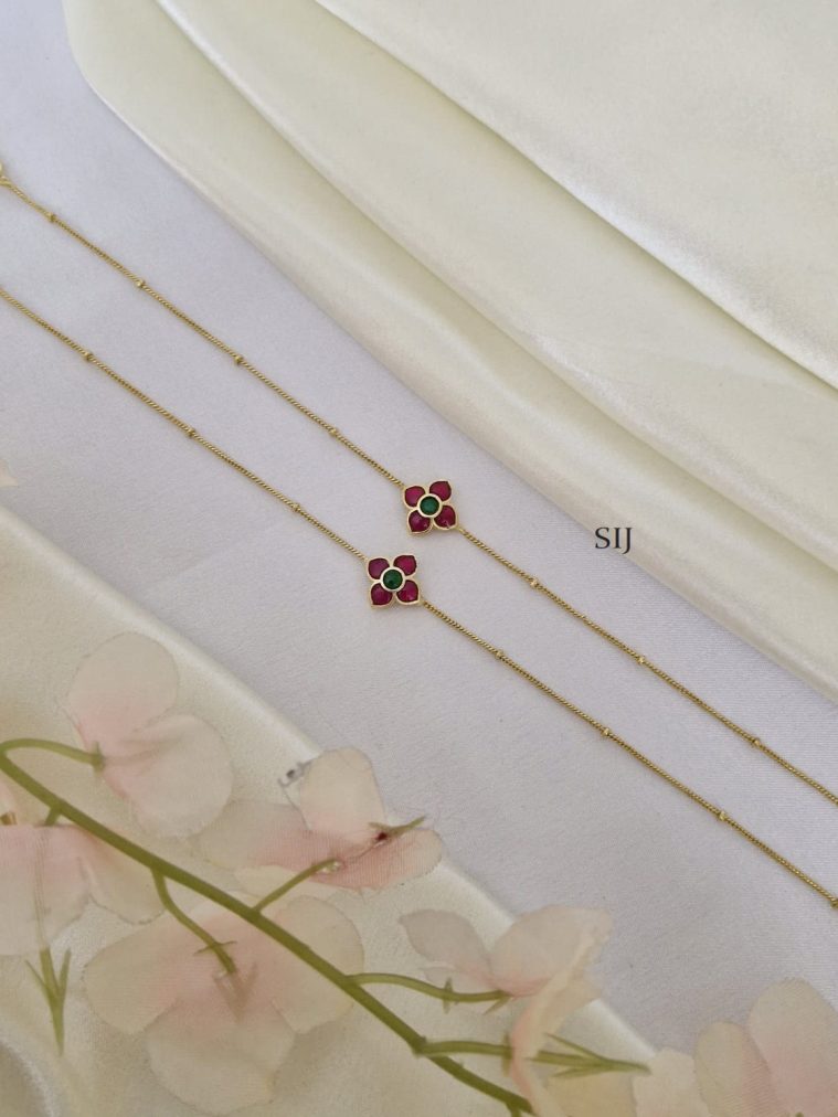 Flower Design Ruby and Green Stones Anklets