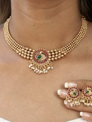 Gold Finish Beads Layered Peacock Designer Necklace