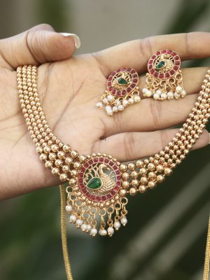 Gold Finish Beads Layered Peacock Designer Necklace