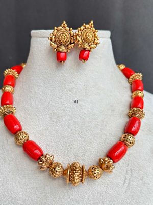 Gold Finish Beads and Coral Necklace Set