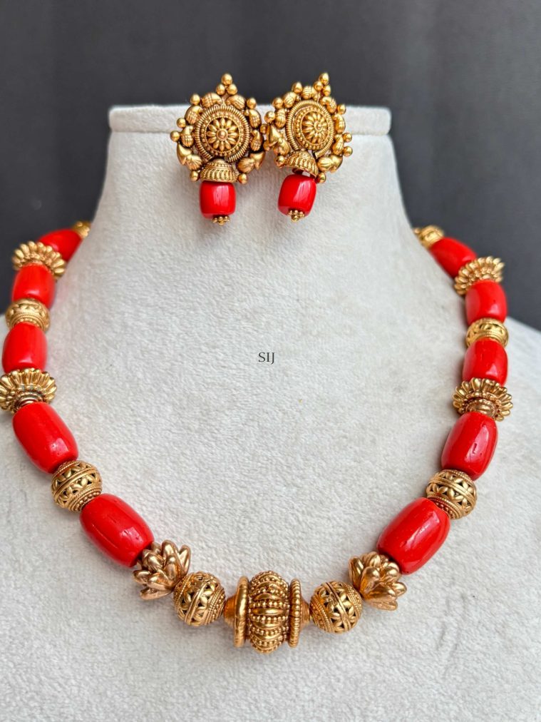 Gold Finish Beads and Coral Necklace Set