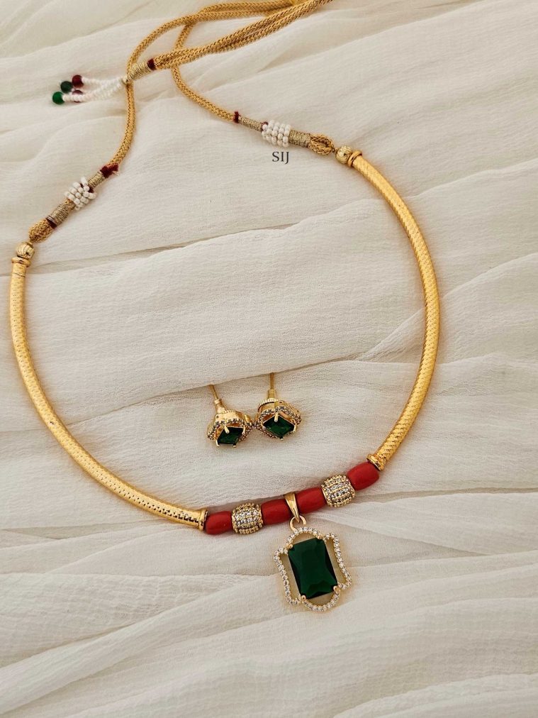 Gold Finish Coral Beads and CZ Stones Pendant Hasli Necklace